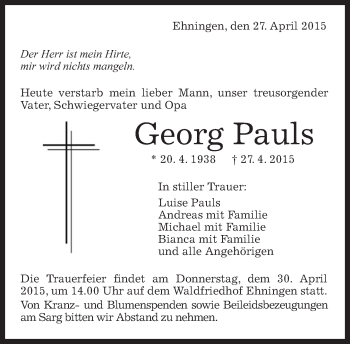 Traueranzeige von Georg Pauls von Kreiszeitung Böblinger Bote