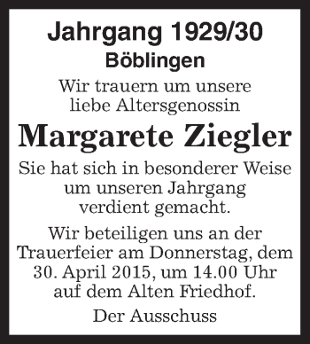 Traueranzeige von Margarete Ziegler von Kreiszeitung Böblinger Bote