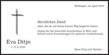 Traueranzeige von Eva Ditjo von Kreiszeitung Böblinger Bote