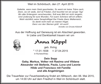 Traueranzeige von Anna Köppl von Kreiszeitung Böblinger Bote