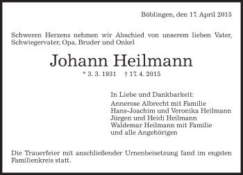 Traueranzeige von Johann Heilmann von Kreiszeitung Böblinger Bote