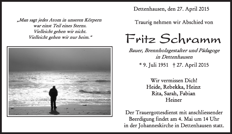  Traueranzeige für Fritz Schramm vom 30.04.2015 aus Kreiszeitung Böblinger Bote