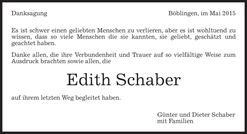  Traueranzeige für Edith Schaber vom 02.05.2015 aus Kreiszeitung Böblinger Bote