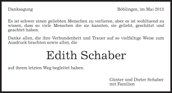 Traueranzeige von Edith Schaber von Kreiszeitung Böblinger Bote