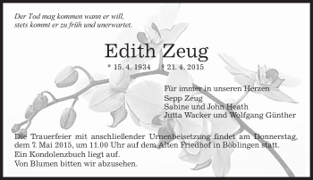 Traueranzeige von Edith Zeug von Kreiszeitung Böblinger Bote