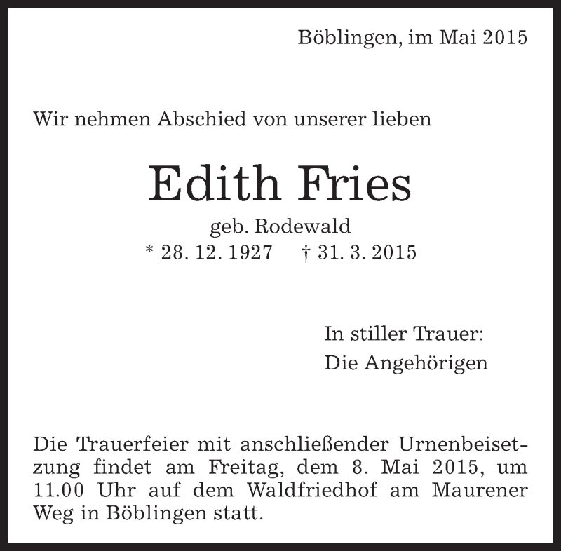  Traueranzeige für Edith Fries vom 04.05.2015 aus Kreiszeitung Böblinger Bote