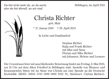Traueranzeige von Christa Richter von Kreiszeitung Böblinger Bote