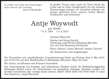Traueranzeige von Antje Woywodt von Kreiszeitung Böblinger Bote