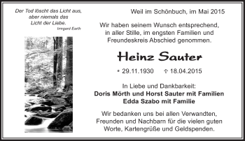 Traueranzeige von Heinz Sauter von Kreiszeitung Böblinger Bote