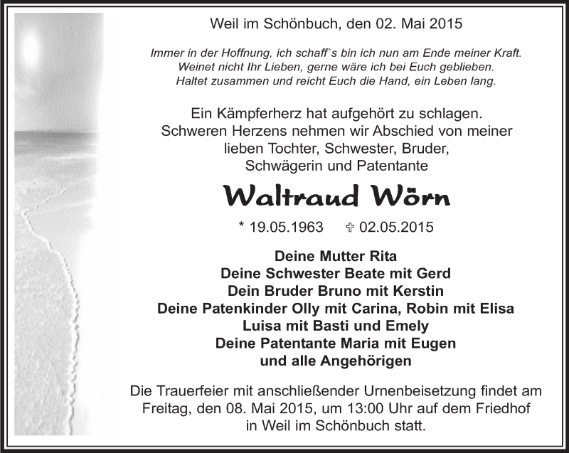  Traueranzeige für Waltraud Wörn vom 06.05.2015 aus Kreiszeitung Böblinger Bote