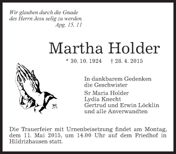 Traueranzeige von Martha Holder von Kreiszeitung Böblinger Bote