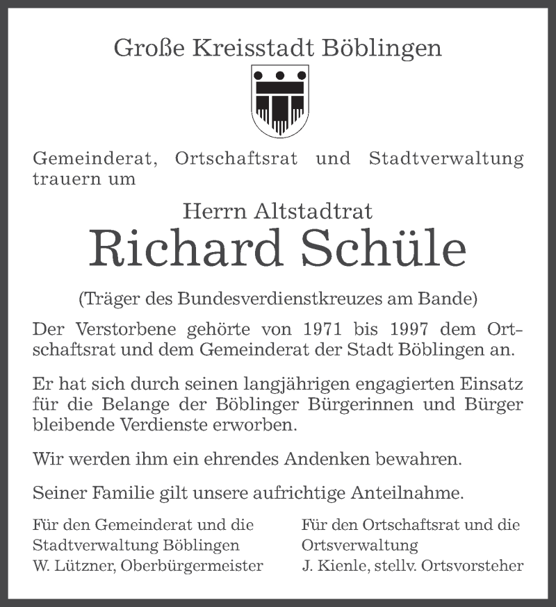  Traueranzeige für Richard Schüle vom 04.05.2015 aus Kreiszeitung Böblinger Bote