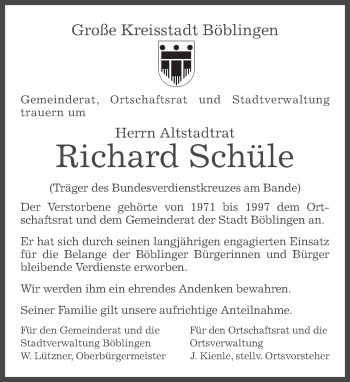 Traueranzeige von Richard Schüle von Kreiszeitung Böblinger Bote