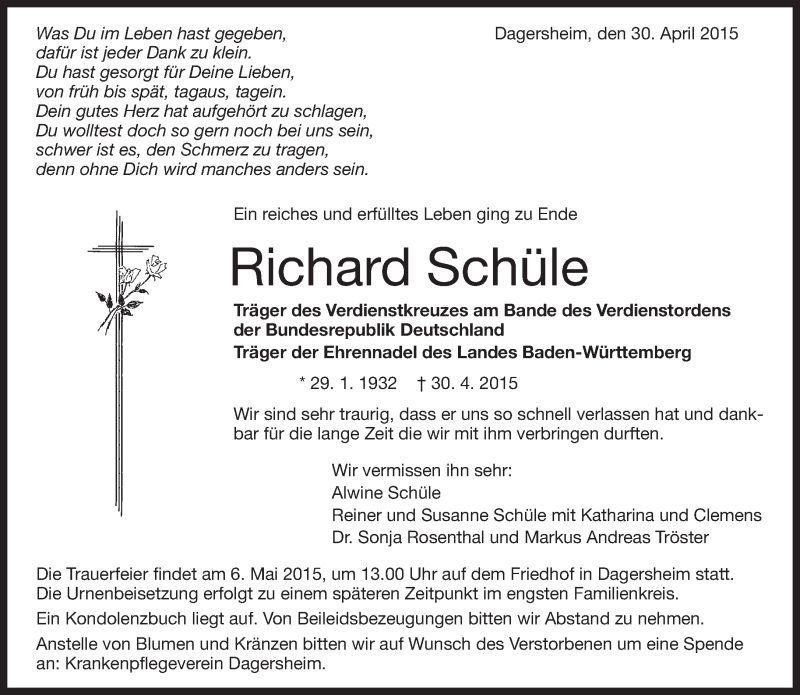  Traueranzeige für Richard Schüle vom 04.05.2015 aus Kreiszeitung Böblinger Bote