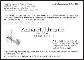 Traueranzeige von Anna Heldmaier von Kreiszeitung Böblinger Bote