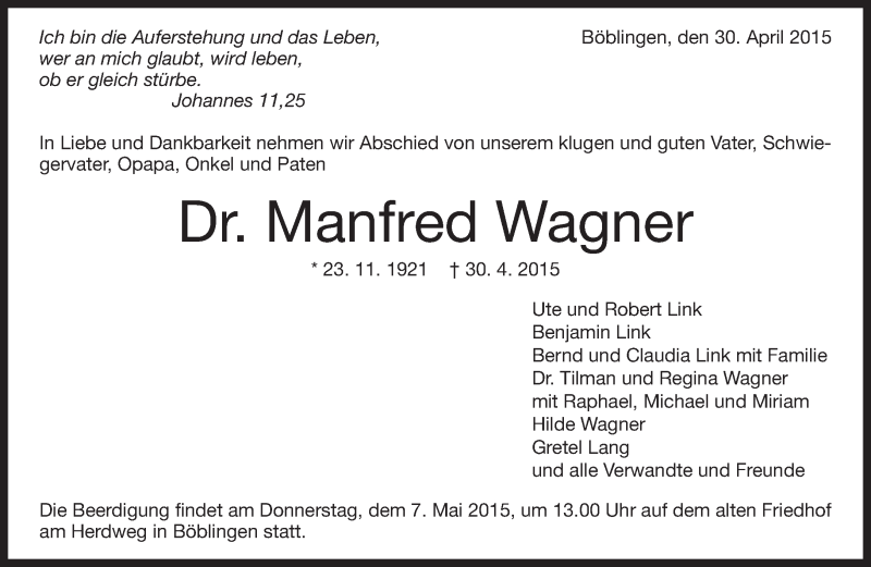  Traueranzeige für Manfred Wagner vom 04.05.2015 aus Kreiszeitung Böblinger Bote