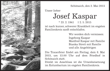 Traueranzeige von Josef Kaspar von Kreiszeitung Böblinger Bote