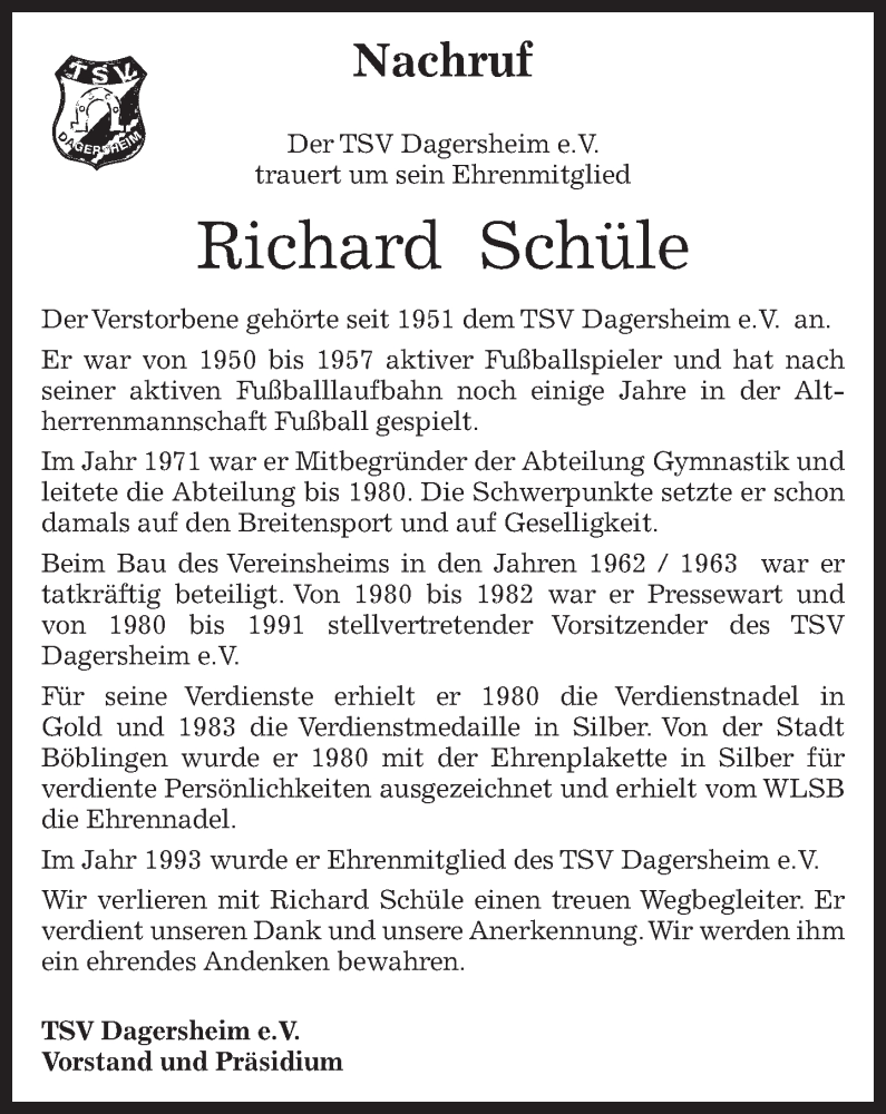  Traueranzeige für Richard Schüle vom 05.05.2015 aus Kreiszeitung Böblinger Bote
