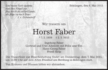Traueranzeige von Horst Faber von Kreiszeitung Böblinger Bote