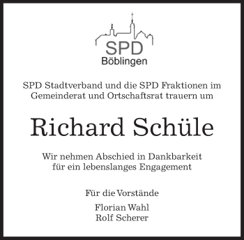 Traueranzeige von Richard Schüle von Kreiszeitung Böblinger Bote