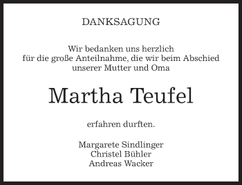 Traueranzeige von Martha Teufel von Kreiszeitung Böblinger Bote