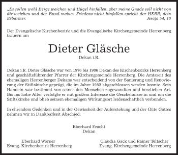 Traueranzeige von Dieter Gläsche von Kreiszeitung Böblinger Bote