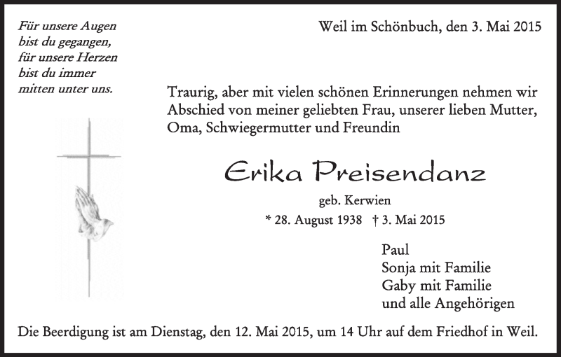  Traueranzeige für Erika Preisendanz vom 06.05.2015 aus Kreiszeitung Böblinger Bote