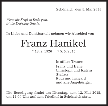 Traueranzeige von Franz Hanikel von Kreiszeitung Böblinger Bote
