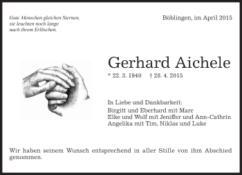 Traueranzeige von Gerhard Aichele von Kreiszeitung Böblinger Bote