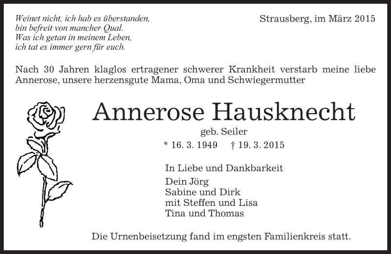  Traueranzeige für Annerose Hausknecht vom 07.05.2015 aus Kreiszeitung Böblinger Bote