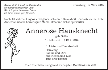 Traueranzeige von Annerose Hausknecht von Kreiszeitung Böblinger Bote