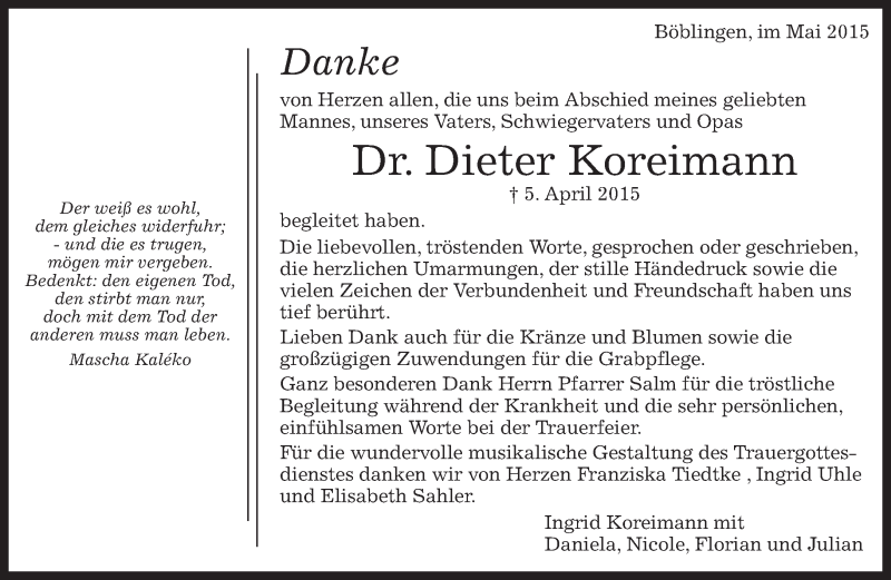  Traueranzeige für Dieter Koreimann vom 09.05.2015 aus Kreiszeitung Böblinger Bote