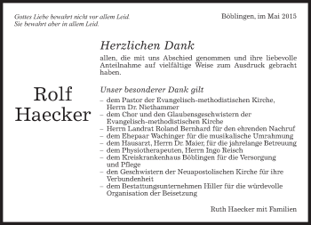 Traueranzeige von Rolf Haecker von Kreiszeitung Böblinger Bote