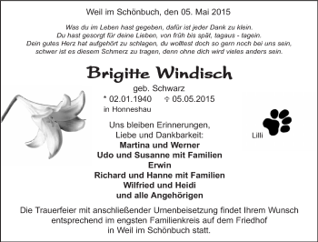 Traueranzeige von Brigitte Windisch von Kreiszeitung Böblinger Bote