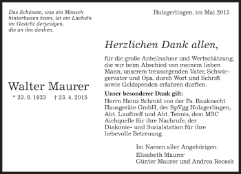 Traueranzeige von Walter Maurer von Kreiszeitung Böblinger Bote