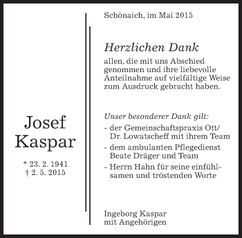 Traueranzeige von Josef Kaspar von Kreiszeitung Böblinger Bote