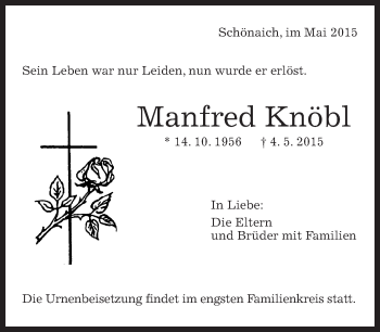 Traueranzeige von Manfred Knöbl von Kreiszeitung Böblinger Bote