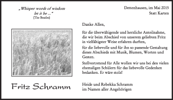 Traueranzeige von Fritz Schramm von Kreiszeitung Böblinger Bote
