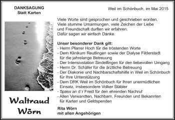 Traueranzeige von Waltraud Wörn von Kreiszeitung Böblinger Bote