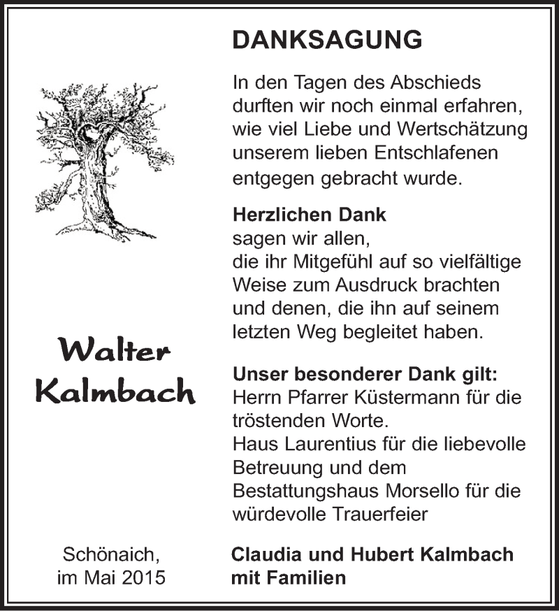  Traueranzeige für Walter Kalmbach vom 14.05.2015 aus Kreiszeitung Böblinger Bote