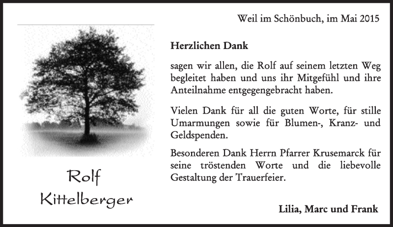  Traueranzeige für Rolf Kittelberger vom 14.05.2015 aus Kreiszeitung Böblinger Bote
