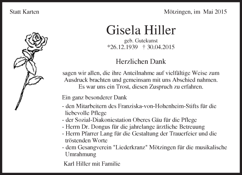  Traueranzeige für Gisela Hiller vom 21.05.2015 aus Kreiszeitung Böblinger Bote