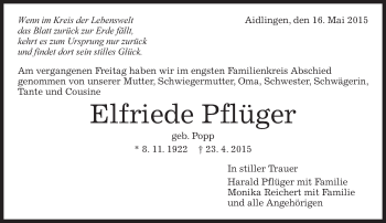 Traueranzeige von Elfriede Pflüger von Kreiszeitung Böblinger Bote