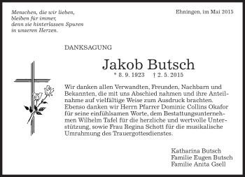 Traueranzeige von Jakob Butsch von Kreiszeitung Böblinger Bote