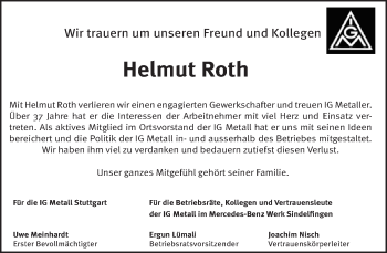 Traueranzeige von Helmut Roth von Kreiszeitung Böblinger Bote