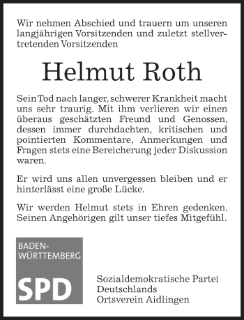 Traueranzeige von Helmut Roth von Kreiszeitung Böblinger Bote