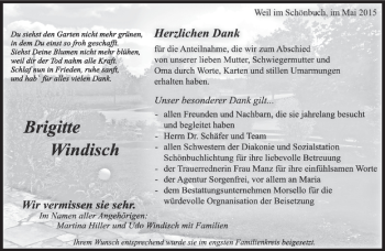 Traueranzeige von Brigitte Windisch von Kreiszeitung Böblinger Bote