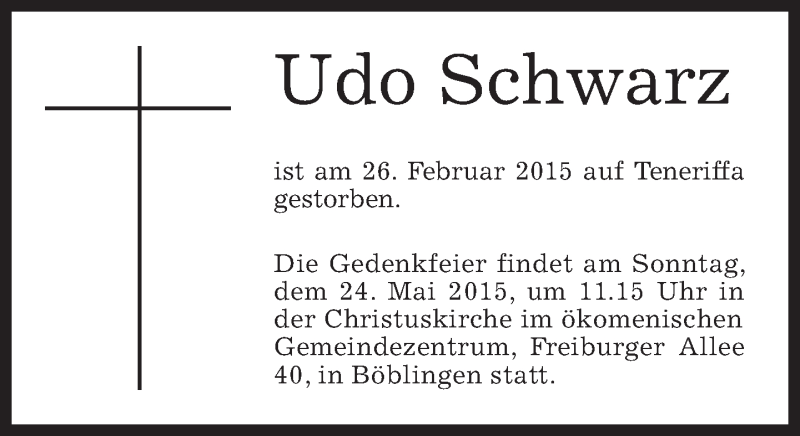  Traueranzeige für Udo Schwarz vom 21.05.2015 aus Kreiszeitung Böblinger Bote