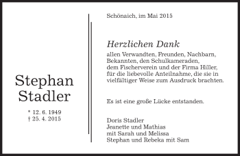 Traueranzeige von Stephan Stadler von Kreiszeitung Böblinger Bote