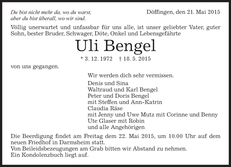  Traueranzeige für Uli Bengel vom 21.05.2015 aus Kreiszeitung Böblinger Bote